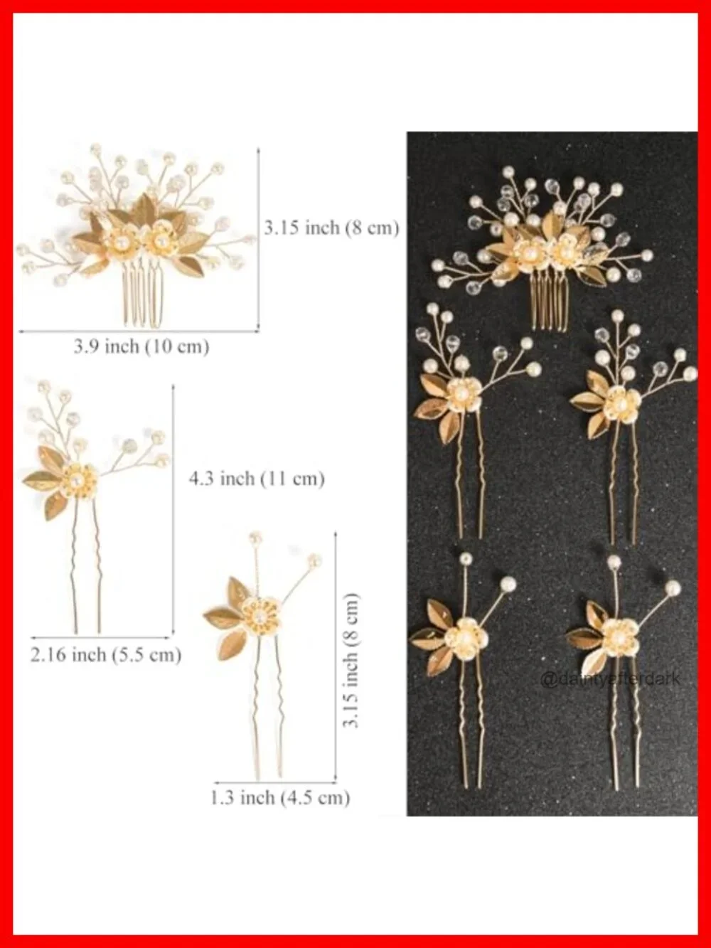 Set of 5 Leaf Floral Pearl Hair Pins, Gold, Bendable Wire, Wedding Prom